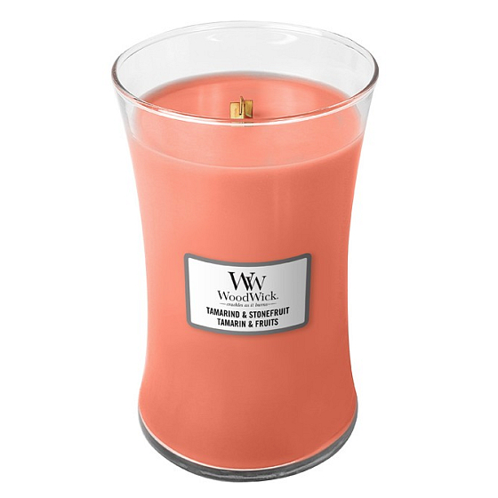 WoodWick Tamarind & Stonefruit - Duftkerze aus Tamarinde und Stein mit Holzdocht und Deckelglas groß 609 g
