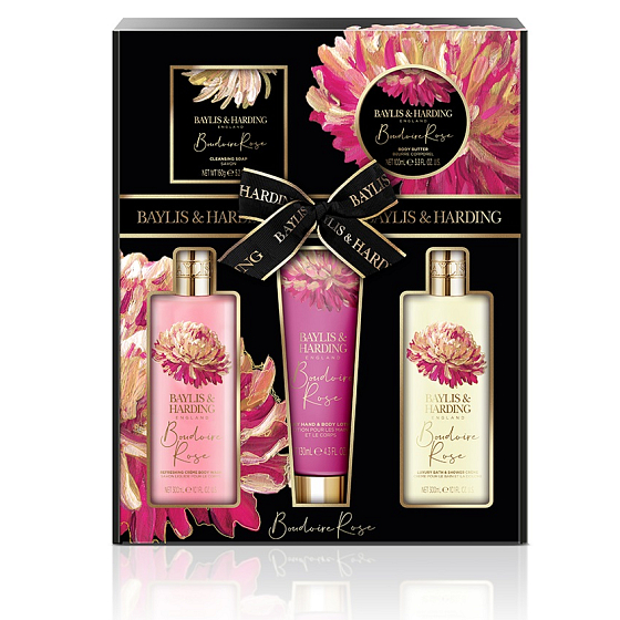Baylis & Harding Mysterious Rose Waschgel 300 ml + Bade- und Duschcreme 300 ml + Hand- und Körperlotion 130 ml + Toilettenseife 150 g + Körperbutter 100 ml, Kosmetikset für Frauen