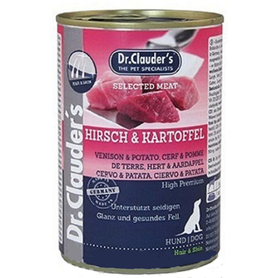 DR. Clauders Hirsche und Kartoffeln vervollständigen das Super-Premium-Futter für erwachsene Hunde für gesunde Haut und schönes Fell 400 g