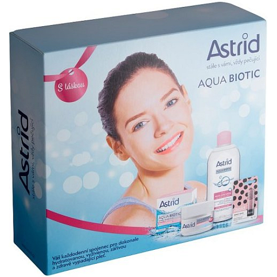 Astrid Aqua Biotic Tages- und Nachtcreme für trockene und empfindliche Haut 50 ml + 3in1 Mizellenwasser 400 ml + Trendy Edition Perlmuttglanz getönter Lippenbalsam 4,8 g, Kosmetikset
