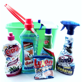Eimer mit Tatrachema-Produkten, Fixinela Antikalk-Kalkentferner 500 ml, Fixinela perfekt für Duschabtrennungen 500 ml, Citra-Waschmittel 500 ml, Diava Flower-Universalwaschmittel für Fußböden und harte Oberflächen 750 ml, Luxon-Beutel, grüner Eimer