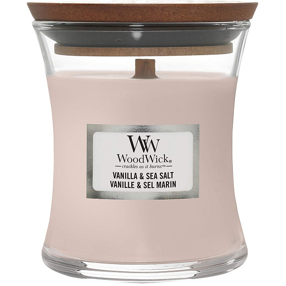 WoodWick Vanille & Meersalz - Duftkerze mit Vanille und Meersalz mit Holzdocht und Deckelglas klein 85 g