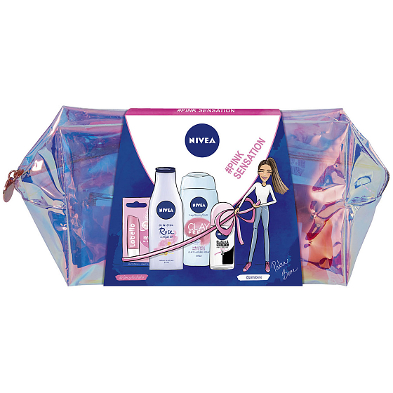 Nivea Pink Sensation Rose & Arganöl Körperlotion für Frauen 200 ml + Hibiskus & Salbei Duschgel 250 ml + Schwarz & Weiß Clear Ball Antitranspirant 50 ml + Labello Pearly Shine Lippenbalsam 4,8 g + Beutel, Kosmetikset
