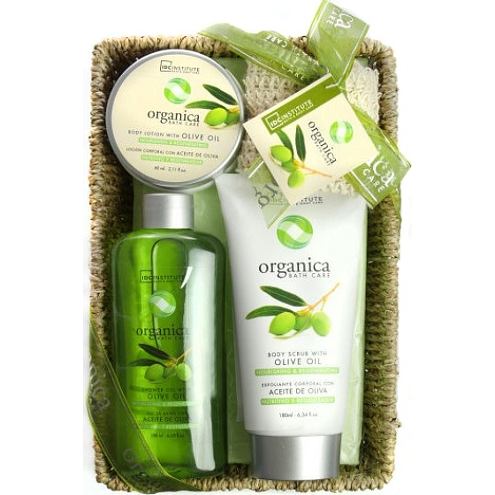 Idc Institute Organica Olivenöl Duschgel 188 ml + Körperlotion 180 ml + Körperpeeling 60 ml + Sisalschwamm 1 Stück in einem Korb, Kosmetikset