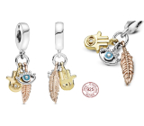 Charm Sterling Silber 925 Schutzamulett, Hand der Fatima, Auge des Propheten und Feder, Talisman 3in1, Armband Anhänger Symbol