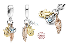 Charm Sterling Silber 925 Schutzamulett, Hand der Fatima, Auge des Propheten und Feder, Talisman 3in1, Armband Anhänger Symbol