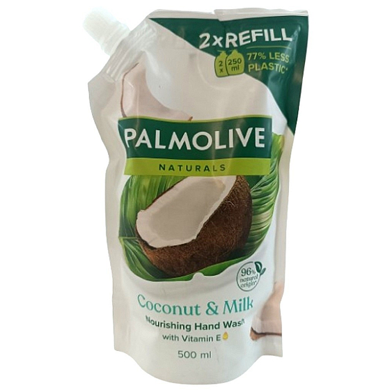 "Náhradní náplň tekutého mýdla Palmolive Naturals Coconut & Milk, 500 ml. Jemné mýdlo s vůní kokosu a mléka, které šetrně čistí pokožku a poskytuje ji hydrataci a jemnost.