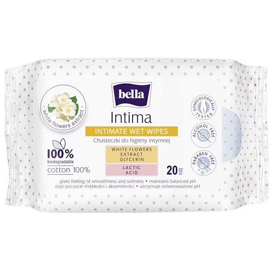 Bella Intima Extrakt aus weißen Blüten Baumwolle Feuchttücher für die Intimhygiene 20 Stück