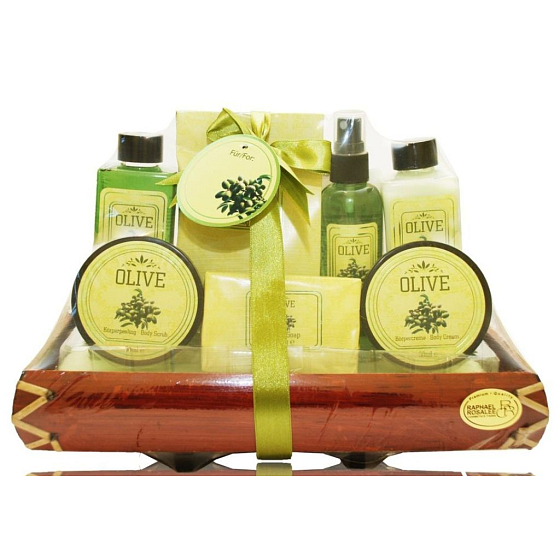 Raphael Rosalee Cosmetics Oliva Duschgel 190 ml + Körperlotion 190 ml + Körperspray 100 ml + Körperpeeling 50 ml + Körpercreme 50 ml + Badesalz 200 g + Toilettenseife 100 g, Kosmetikset