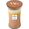 WoodWick Trilogy Golden Treats - Goldene Delikatessen-Duftkerze mit Holzdocht und Deckelglas groß 609 g