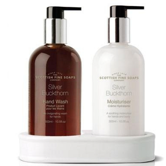 Scottish Fine Soaps Silber Sanddorn Flüssigseifenspender 300 ml + Handmilchspender 300 ml, Duo-Set