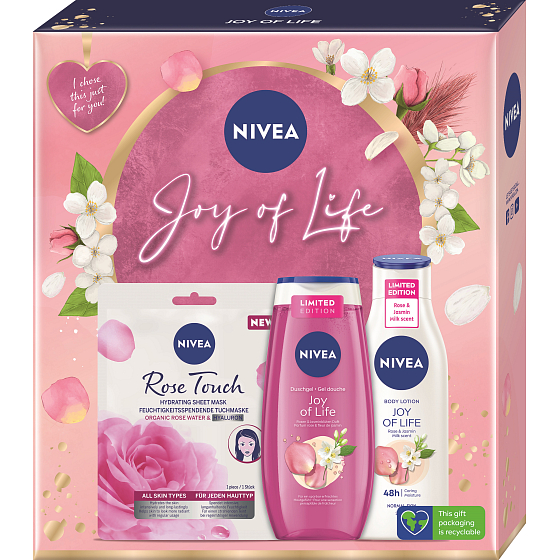 Nivea Joy of Life Rose Touch textile Gesichtsmaske 1 Stück + Joy of Life Duschgel 250 ml + Joy of Life Körperlotion 250 ml, Kosmetikset für Frauen
