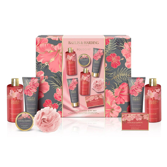 Baylis & Harding Tropical Paradise Duschcreme 300 ml + Badecreme 300 ml + Körperlotion 130 ml + cremige Körperseife 130 ml + feste Seife 100 g + Badeperlen 100 g + Körper-Schwamm, Kosmetikset für Frauen