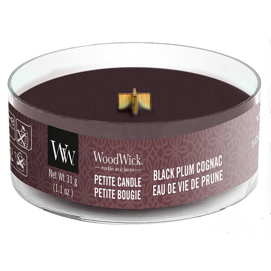 WoodWick Black Plum Cognac - Duftkerze mit schwarzem Pflaumen-Cognac und Wood Wick Petite 31 g
