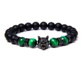 Lava schwarz + Tigerauge grün + Wolfskopf Armband elastisch Naturstein, Kugel 8 mm / 21 cm