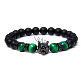 Lava schwarz + Tigerauge grün + Wolfskopf Armband elastisch Naturstein, Kugel 8 mm / 21 cm