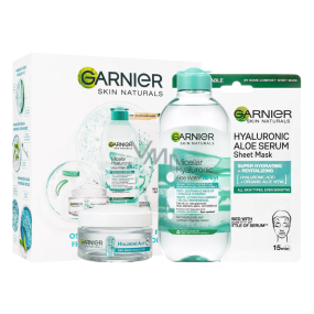 Garnier Hyaluronic Aloe Mizellenwasser + Tagesgesichtsserum + revitalisierende Tuchmaske, Kosmetikset für Frauen