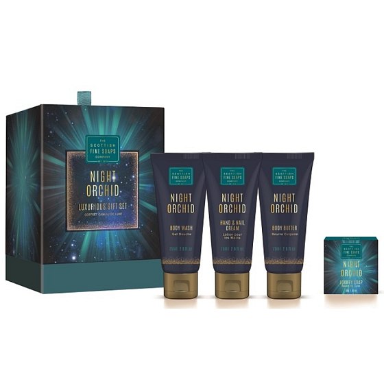 Scottish Fine Soaps Night Orchid Körperbutter 75 ml + Hand- und Nagelcreme 75 ml + Reinigungsgel 75 ml + sanfte Seife 40 g, luxuriöses Kosmetikset