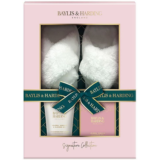 Baylis & Harding Jojoba, Vanille & Mandelöl Badesalz 100 g + Fußmilch 140 ml + Hausschuhe, Kosmetikset für Damen