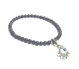 Saphir + Fatimas Hand abnehmbarer Anhänger, Armband elastischer Naturstein, Kugel 4 mm / 16-17 cm, Stein der Weisheit, Wahrheit und Intuition