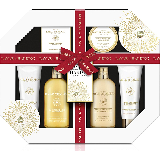 Baylis & Harding Sweet Tangerine und Grapefruit Reinigungsgel 300 ml + Bademilch 300 ml + Seife 150 g + Duschcreme 130 ml + Körperlotion 130 ml + Badesalz 100 g, Kosmetikset