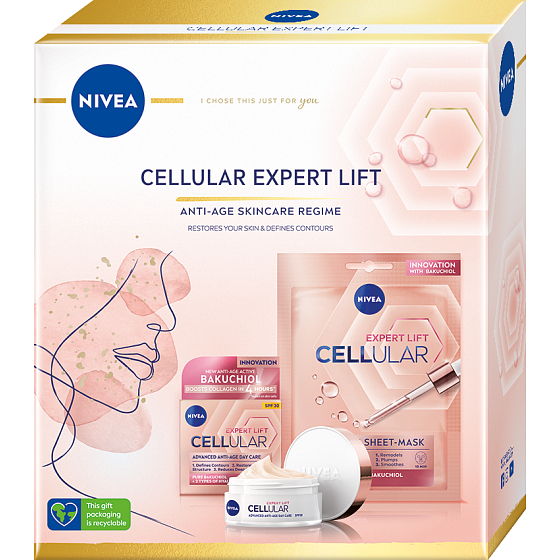 Nivea Cellular Expert Life remodellierende Tagescreme mit Hyaluronsäure 50 ml + textile Gesichtsmaske mit Hyaluronsäure 1 Stück, Kosmetikset für Frauen