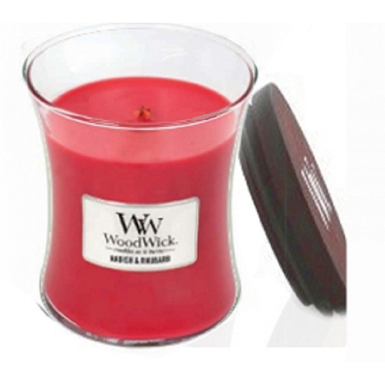 WoodWick Radieschen und Rhabarber - Radieschen und Rhabarber Duftkerze mit Holzdocht und Deckelglas klein 85 g