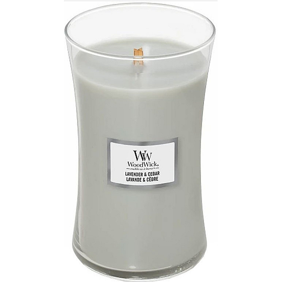 WoodWick Lavender & Cedar - Duftkerze Lavendel und Zeder mit Holzdocht und Deckelglas groß 609 g