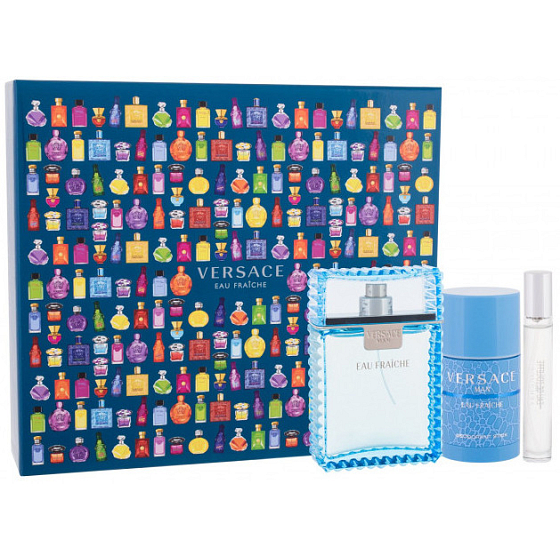 Versace Eau Fraiche Man Eau de Toilette für Männer 100 ml + Deostick 75 ml + Eau de Toilette 10 ml, Geschenkset für Männer