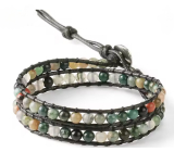 Achat Indianer Lederarmband Naturstein, handgefertigt, Verschluss, Kugel 4 mm, 17 - 23 cm, fügt Rückstoß und Stärke