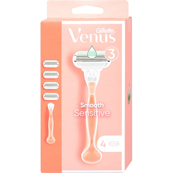 Gillette Venus Smooth Sensitive Rasierer mit 3 Klingen + 4 Ersatzköpfe für Frauen