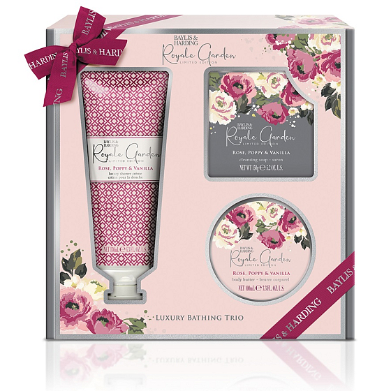 Baylis & Harding Rose, Poppy and Vanilla Duschcreme 130 ml + Körperbutter 100 ml + Toilettenseife 150 g, Kosmetikset für Frauen