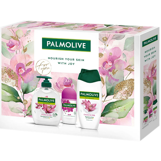 Palmolive Naturals Orchid & Milk Duschgel 250 ml + Naturals Orchid & Milk Flüssigseife 300 ml + Luxurious Soft Antitranspirant Roll-on 50 ml, Kosmetikset für Frauen