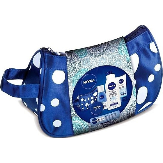 Nivea Milk Hydration Zweiphasen-Augen- und Make-up-Entferner 125 ml + Handcreme 100 ml + Körperlotion Express 400 ml + Creme 30 ml + Kosmetiktasche, Kosmetikset