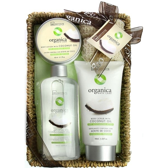 Idc Institute Organica Kokosöl Duschgel 188 ml + Körperlotion 180 ml + Körperpeeling 60 ml + Sisalschwamm 1 Stück in einem Korb, Kosmetikset