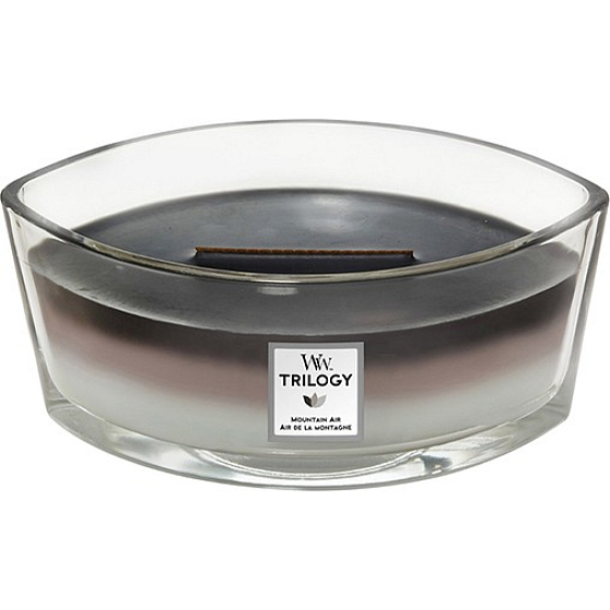 WoodWick Trilogy Mountain Air - Bergluft-Duftkerze mit breitem Holzdocht und Glasschiffchendeckel 453 g
