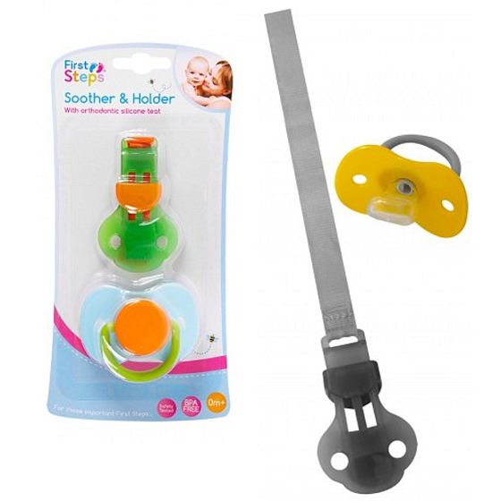 First Steps Bpa Free Schnuller mit kiefergerechtem Silikonsauger und Befestigungsstreifen grün-orange 2 Stück
