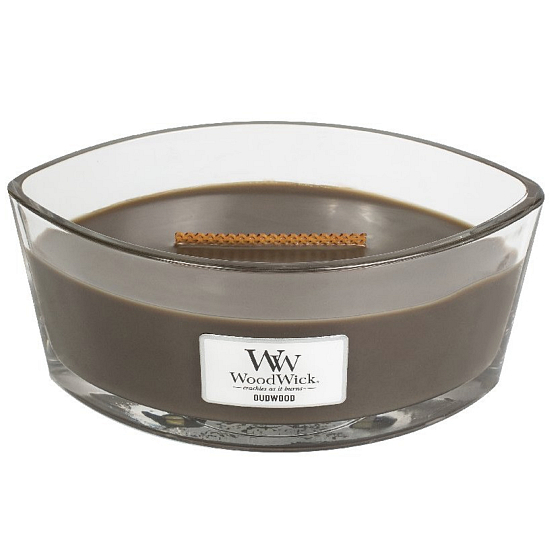 WoodWick Oudwood - Harzduftkerze mit breitem Holzdocht und Deckelglasboot 453 g