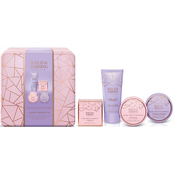 Baylis & Harding Jojoba, Vanille und Mandel Duschcreme 50 ml + Handcreme 50 ml + feste Seife 50 g + Körperbutter 50 ml + Dose, Kosmetikset für Frauen