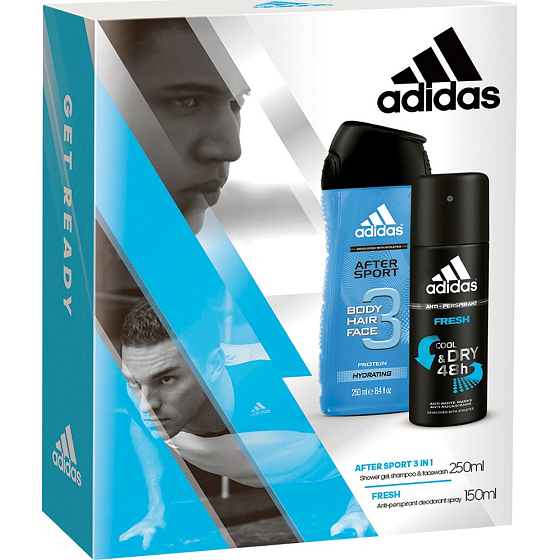 Adidas After Sport Fresh 3 in 1 Duschgel für Männer 250 ml + Frisches Antitranspirant Deodorant Spray 150 ml, Kosmetikset