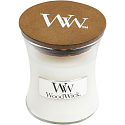 WoodWick White Teak - Weiße Teak-Duftkerze mit Holzdocht und Glasdeckel klein 85 g