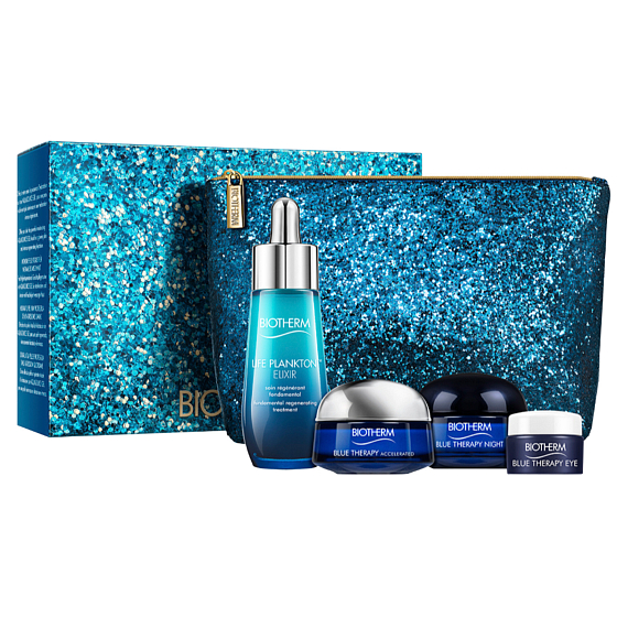 Biotherm Life Plankton Elixir Serum 30 ml + Blue Therapy Augencreme 5 ml + Blue Therapy Tagescreme 15 ml + Blue Therapy Nachtcreme 15 ml + Reisekosmetiktasche, Kosmetikset