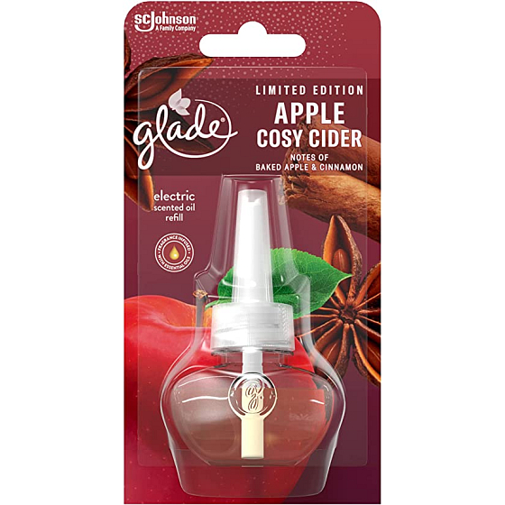 Glade Electric Scented Oil Apple Cosy Cider mit dem Duft von heißem Apfelwein und duftender Zimt-Flüssigkeitsfüllung für elektrischen Lufterfrischer 20 ml