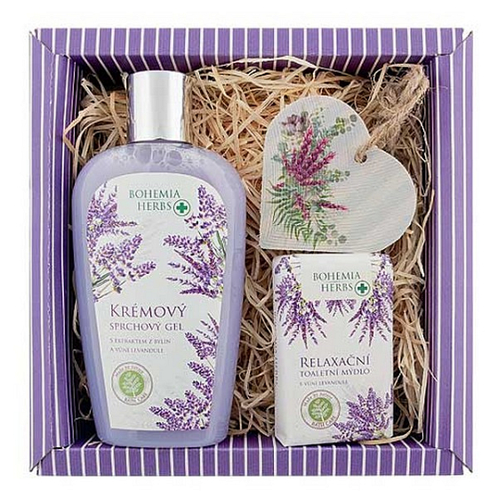 Bohemia Gifts Lavendelcreme Duschgel 250 ml + Seife 100 g + Holzherz verschiedene Motive, Kosmetikset