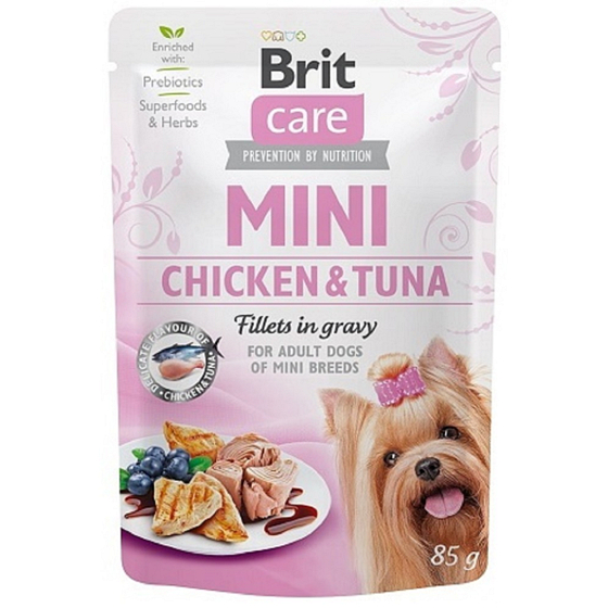 Brit Care Mini Huhn & Thunfischfilets in Soße komplettes Super-Premium-Futter für erwachsene Hunde kleiner Rassen Beutel 85 g