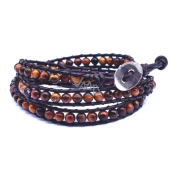 Tigerauge Lederarmband braun Naturstein Wickelperle handgestrickt 6 mm / ca. 34 cm + 5 cm, Stein der Sonne und Erde, bringt Glück und Reichtum