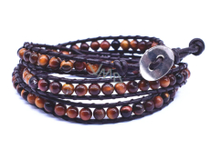 Tigerauge Lederarmband braun Naturstein Wickelperle handgestrickt 6 mm / ca. 34 cm + 5 cm, Stein der Sonne und Erde, bringt Glück und Reichtum