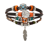 Mehrlagiges Lederarmband, Feder + Mond-/Sonnensymbol, größenverstellbar