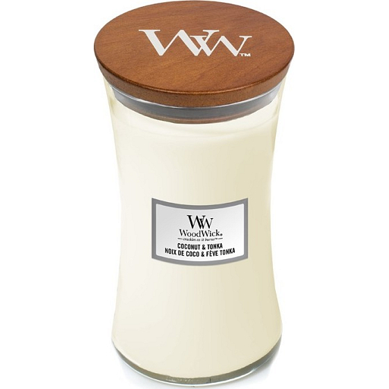 WoodWick Coconut & Tonka - Duftkerze aus Kokosnuss und Tonkabohnen mit Holzdocht und Deckelglas groß 609 g