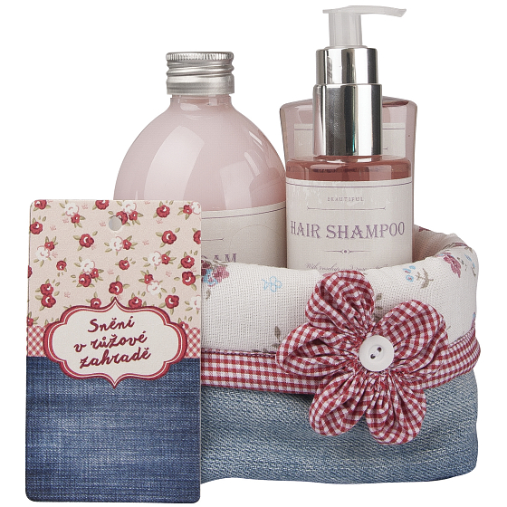 Bohemia Gifts Rosarium mit Hagebutten- und Rosenblütenextrakten Duschgel 250 ml + Shampoo 200 ml + Badeschaum 500 ml + Tuchkorb, Pink Dreaming Kosmetikset